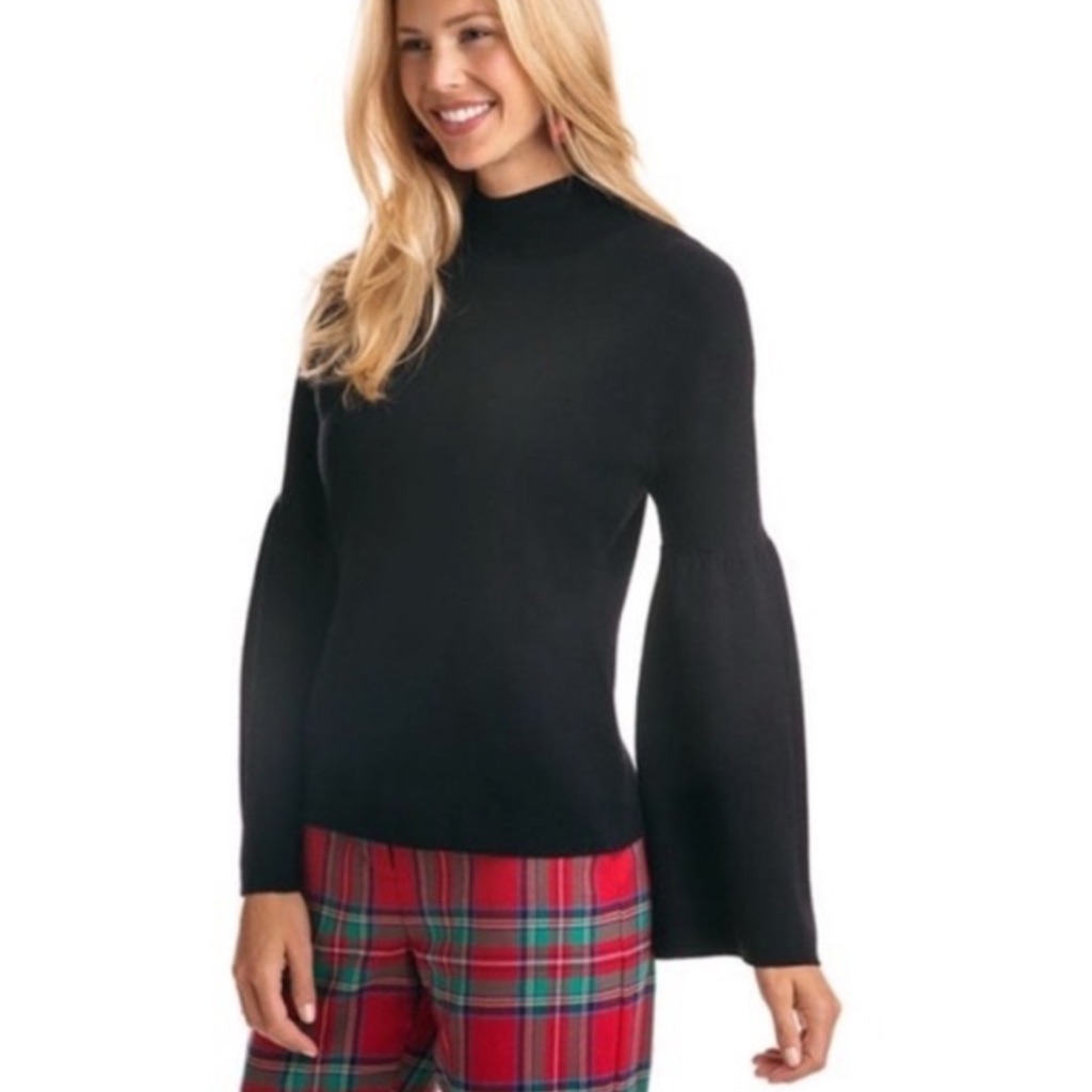 Vineyard Vines Sz Small Black Bell Sleeve Mock Neck Wool Sweater Boho
